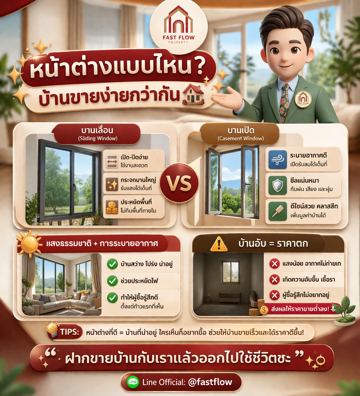 เปรียบเทียบหน้าต่างบานเลื่อนและบานเปิดเพื่อเพิ่มมูลค่าการขายบ้านโดย Fast Flow Property
